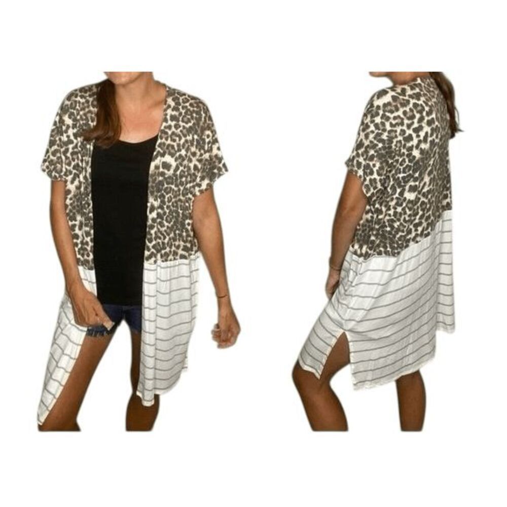 7th Ray Leopard & Stripe Long Duster‎ Cardigan Sz Large